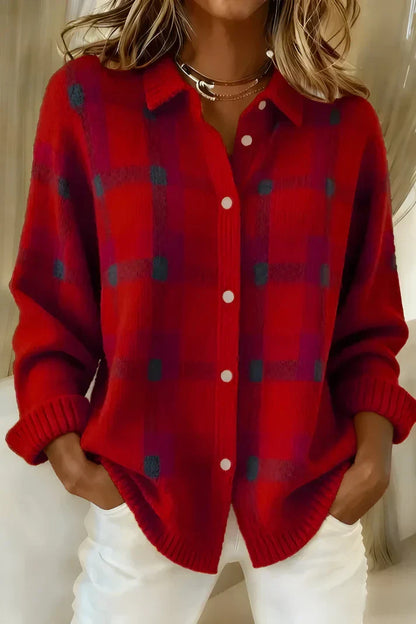Women's Knit Cardigan – Plaid, Collar