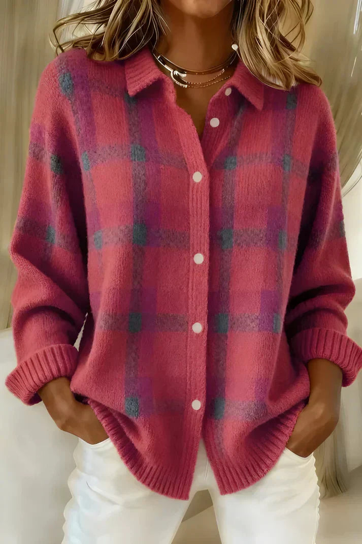 Women's Knit Cardigan – Plaid, Collar