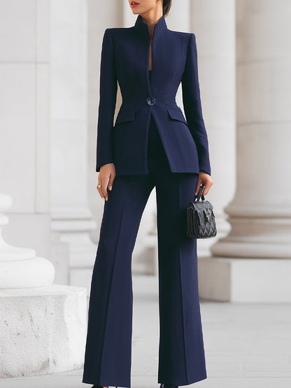 Women's High Collar Blazer and Wide-Leg Pant Suit