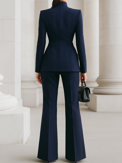 Women's High Collar Blazer and Wide-Leg Pant Suit