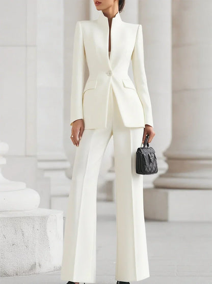 Women's High Collar Blazer and Wide-Leg Pant Suit