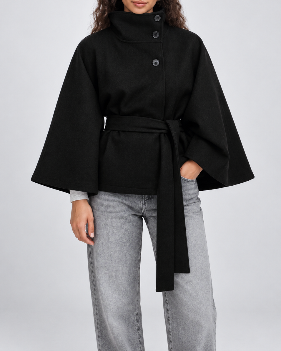Women's Wool Cape Coat – Belted, Funnel Neck