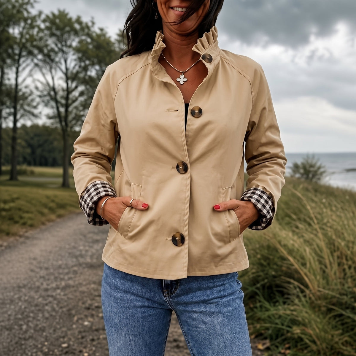 Women's Short Trench Coat – Ruffle Collar, Relaxed Fit