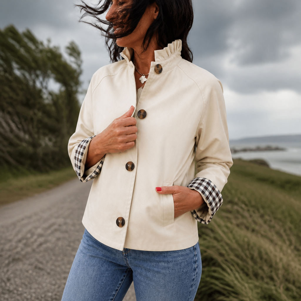 Women's Short Trench Coat – Ruffle Collar, Relaxed Fit