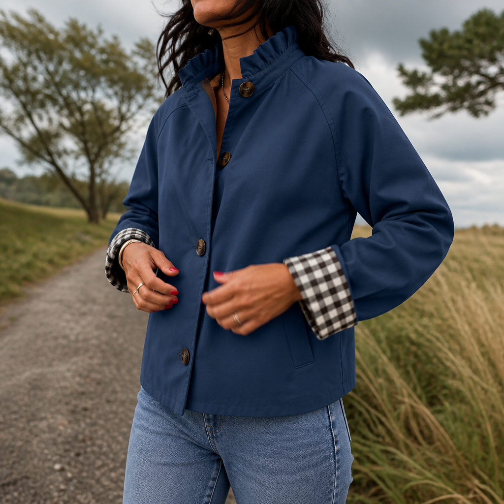 Women's Short Trench Coat – Ruffle Collar, Relaxed Fit