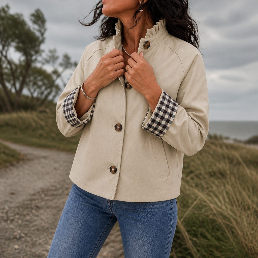 Women's Short Trench Coat – Ruffle Collar, Relaxed Fit