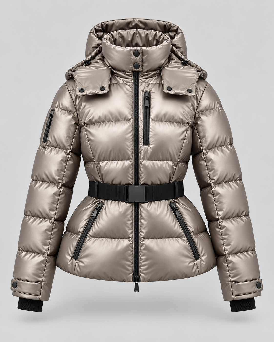 Women's Puffer Jacket – Belted, Detachable Hood