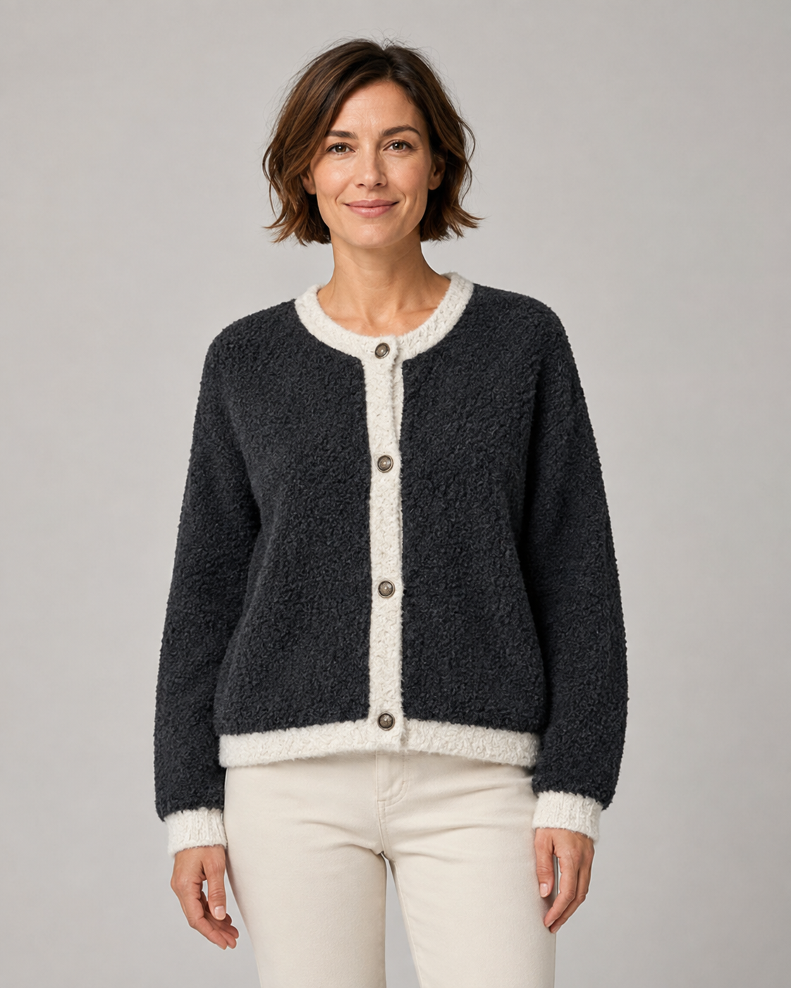 Women's Cardigan – Bouclé Knit, Contrast Trim