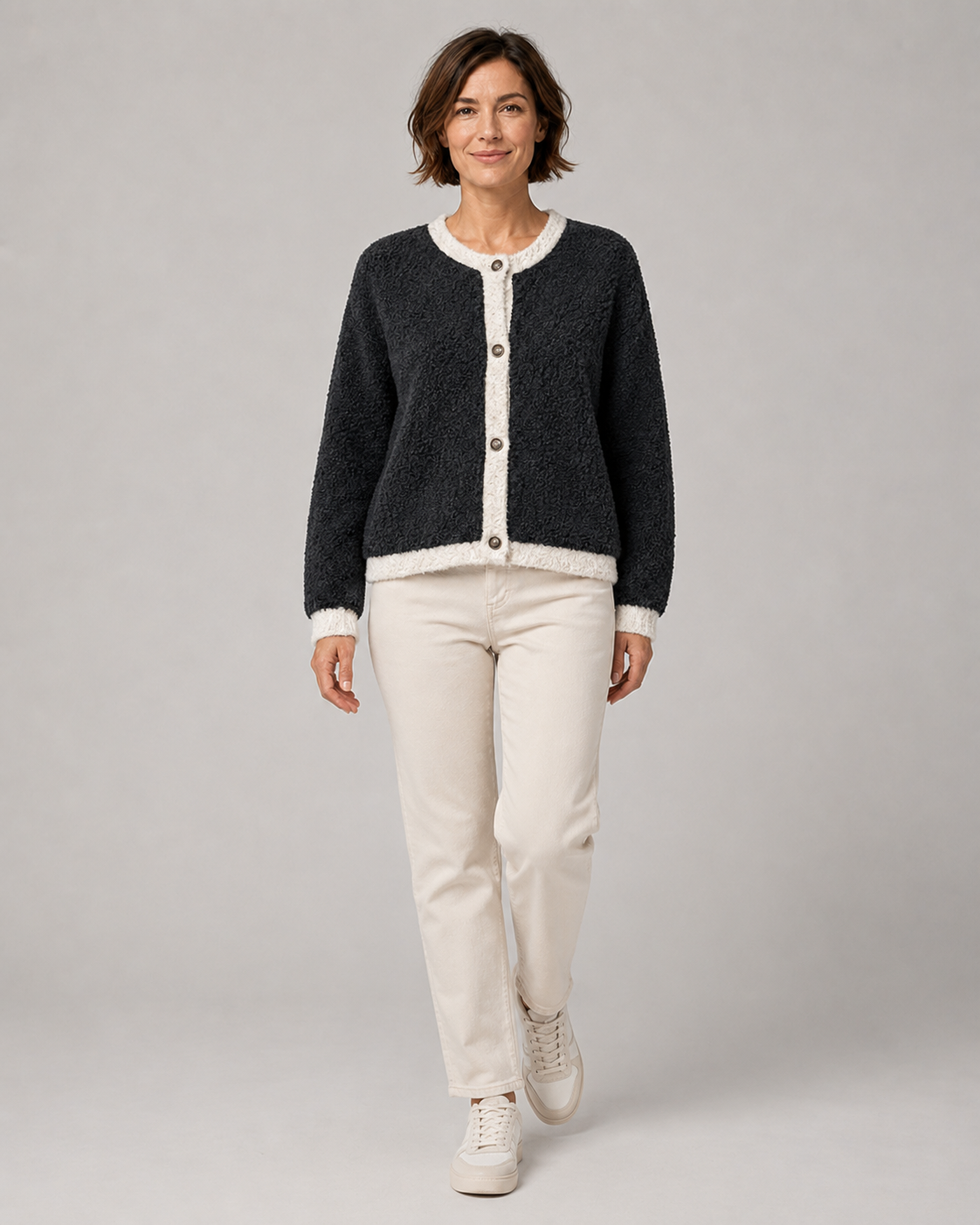 Women's Cardigan – Bouclé Knit, Contrast Trim