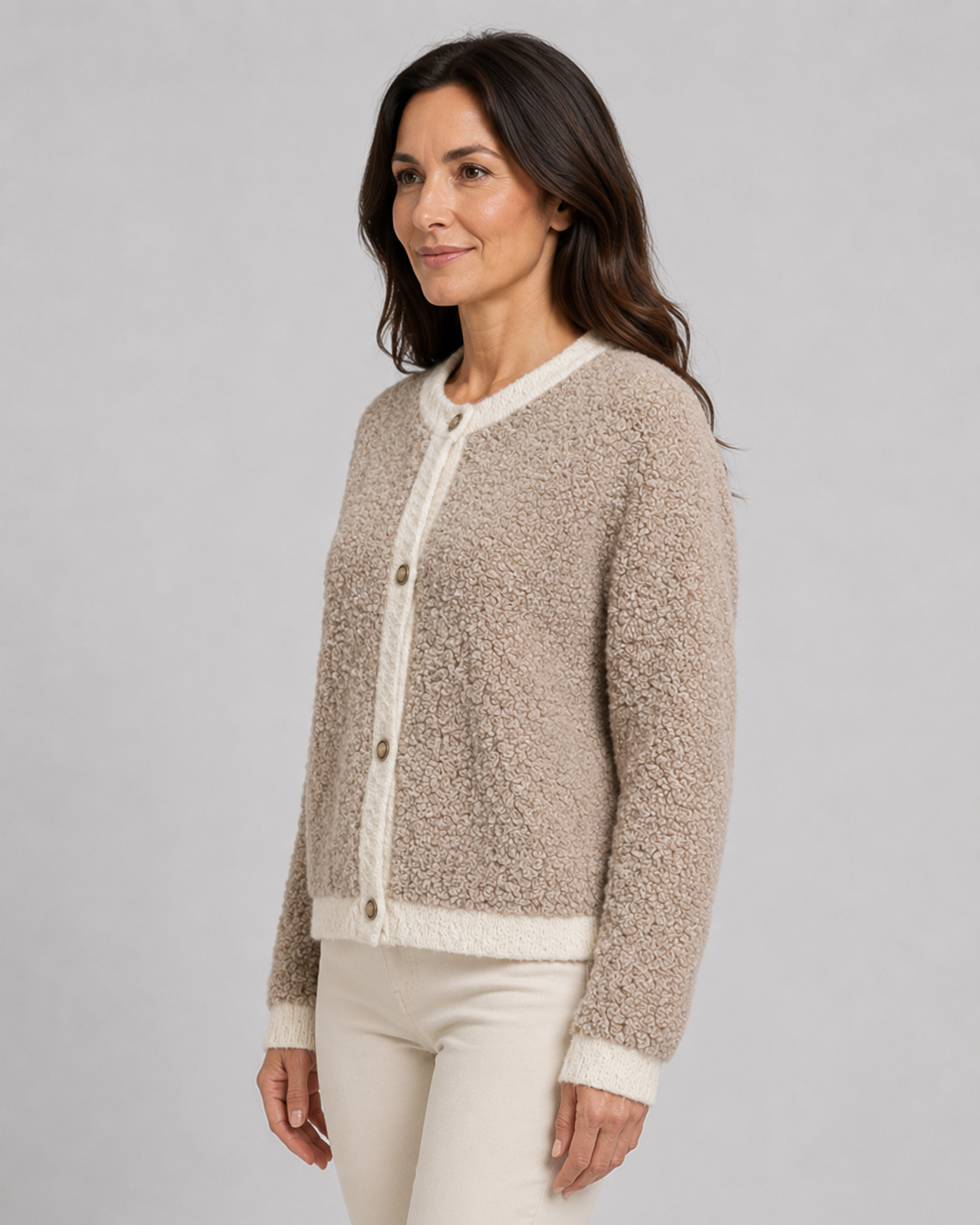Women's Cardigan – Bouclé Knit, Contrast Trim