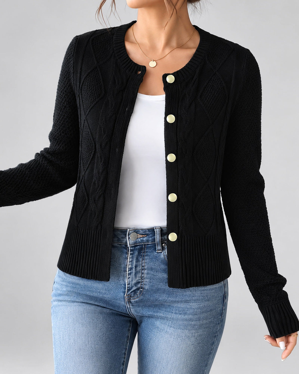 Women's Cable Knit Cardigan – Button Front, Round Neck