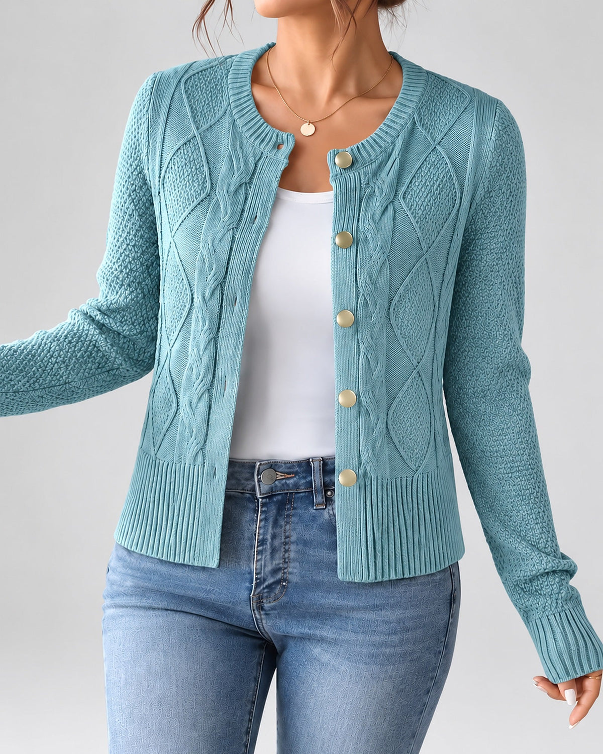 Women's Cable Knit Cardigan – Button Front, Round Neck