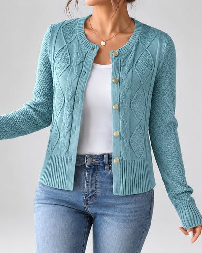 Women's Cable Knit Cardigan – Button Front, Round Neck