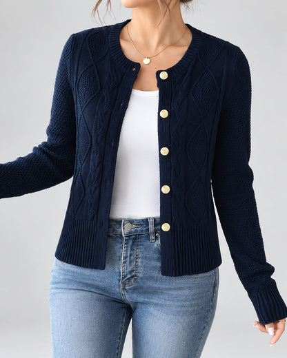 Women's Cable Knit Cardigan – Button Front, Round Neck