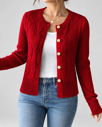 Women's Cable Knit Cardigan – Button Front, Round Neck