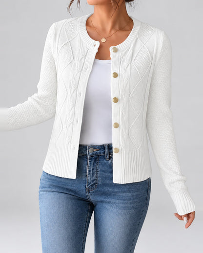 Women's Cable Knit Cardigan – Button Front, Round Neck