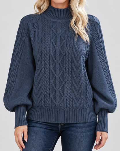 Women's Cable Knit Sweater – Mock Neck, Balloon Sleeves