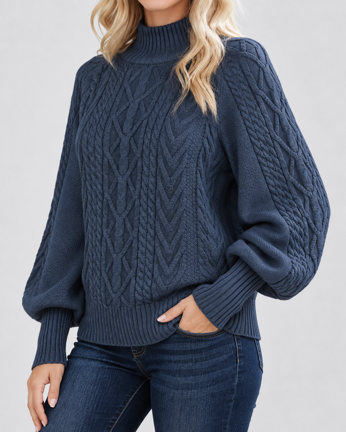 Women's Cable Knit Sweater – Mock Neck, Balloon Sleeves
