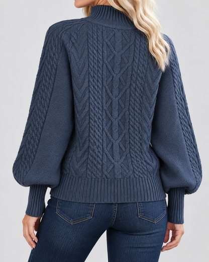 Women's Cable Knit Sweater – Mock Neck, Balloon Sleeves