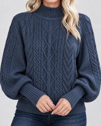 Women's Cable Knit Sweater – Mock Neck, Balloon Sleeves