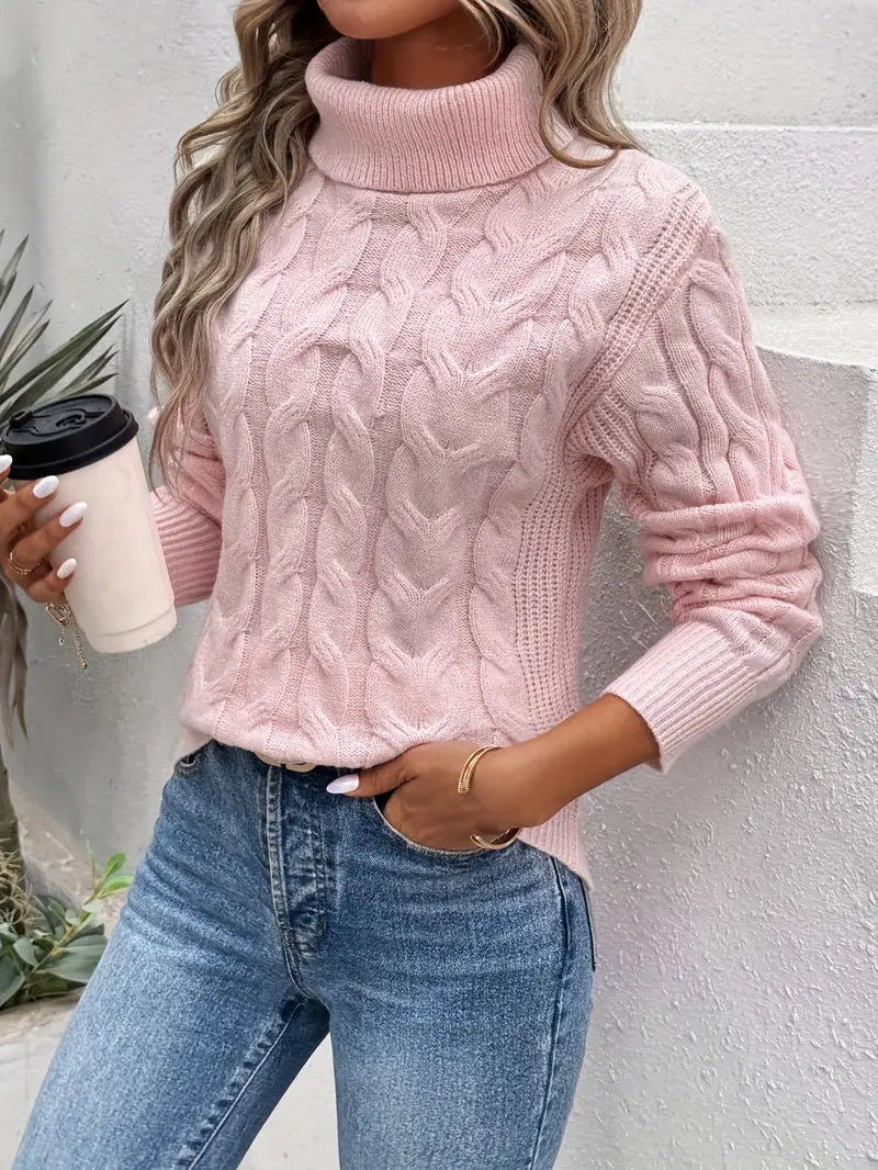Women's Cable Knit Turtleneck Sweater – Ribbed Trim