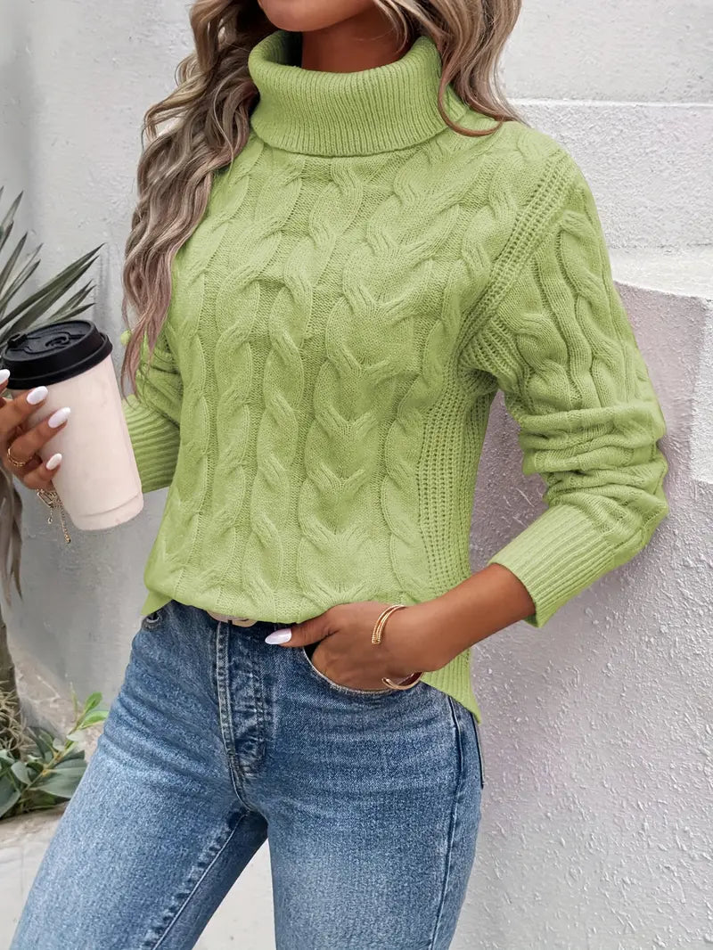Women's Cable Knit Turtleneck Sweater – Ribbed Trim
