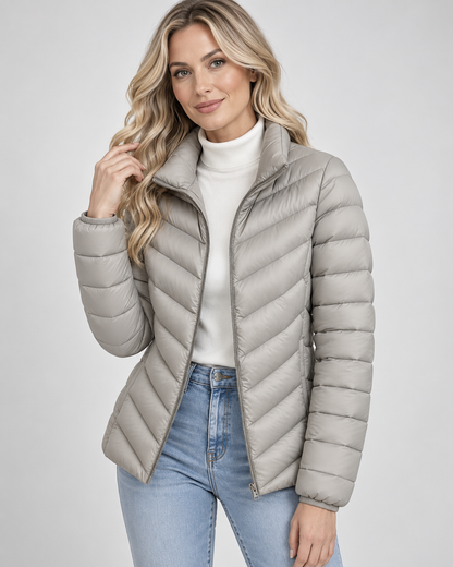 Women's Puffer Jacket – Chevron Quilted, Stand Collar