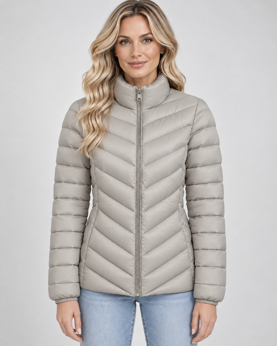Women's Puffer Jacket – Chevron Quilted, Stand Collar