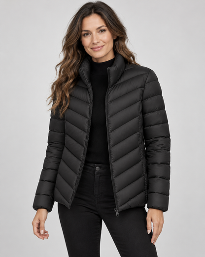 Women's Puffer Jacket – Chevron Quilted, Stand Collar