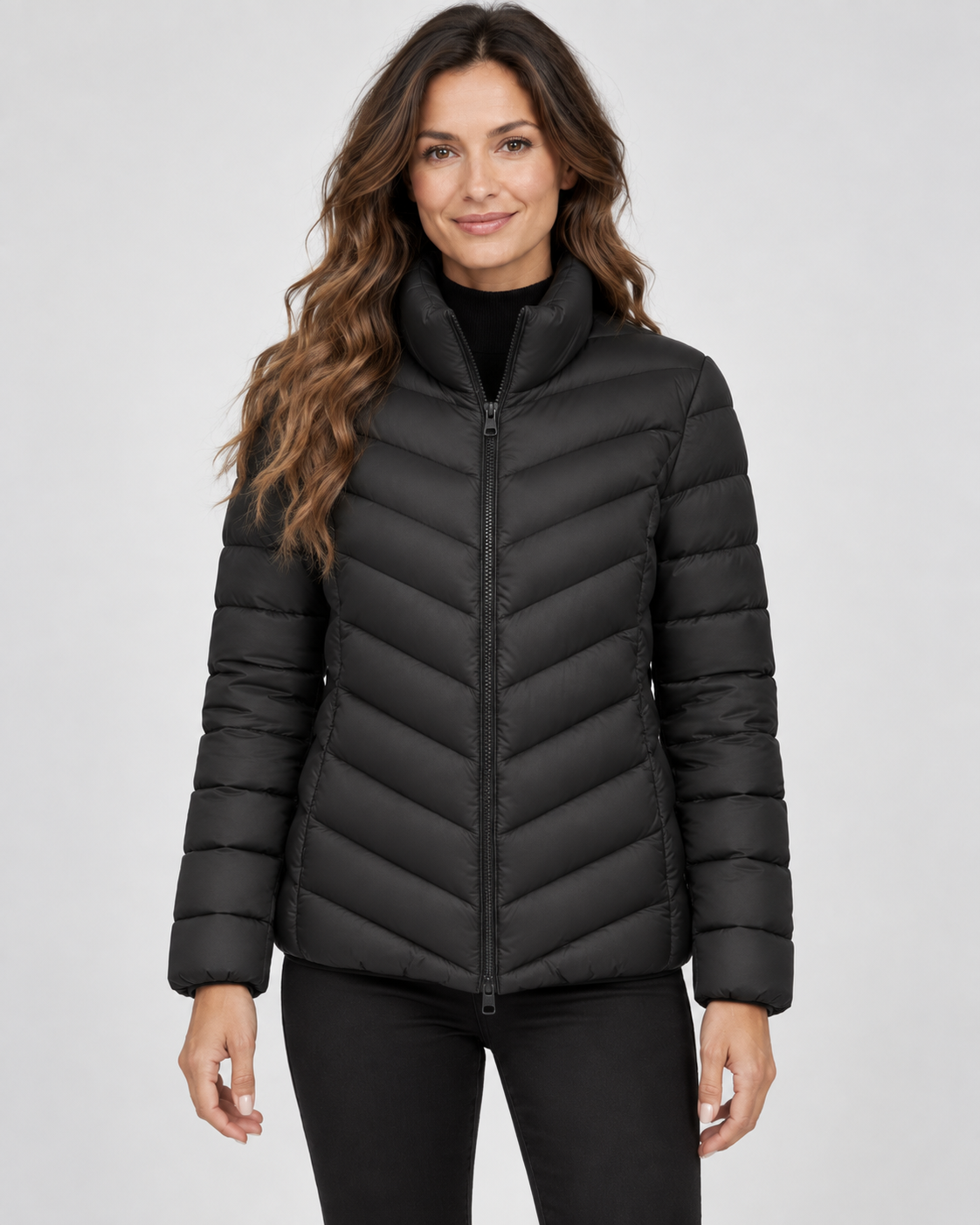 Women's Puffer Jacket – Chevron Quilted, Stand Collar