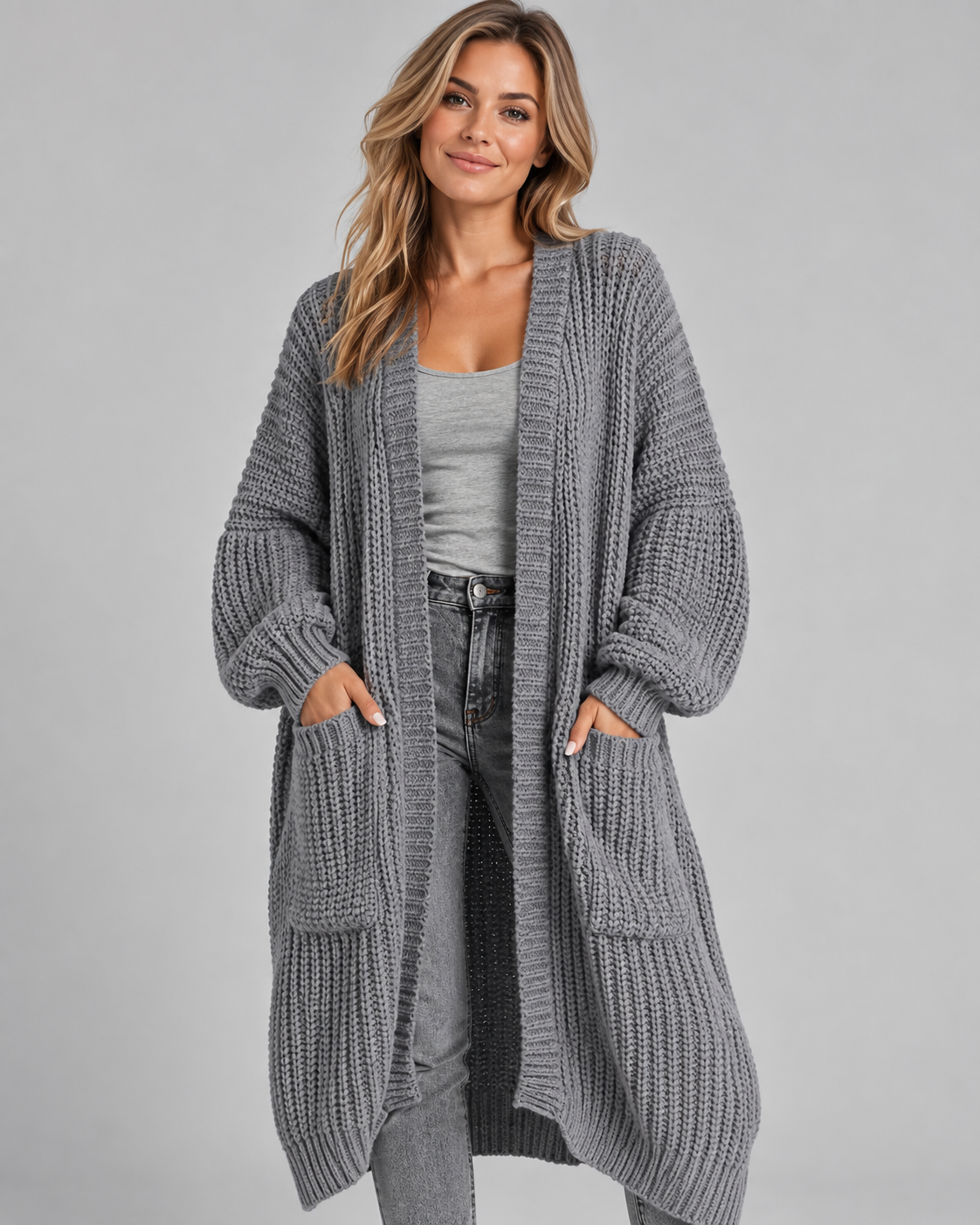 Women's Cardigan – Chunky Knit, Longline, Open Front, Drop Shoulders