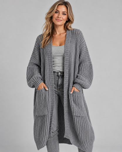 Women's Cardigan – Chunky Knit, Longline, Open Front, Drop Shoulders
