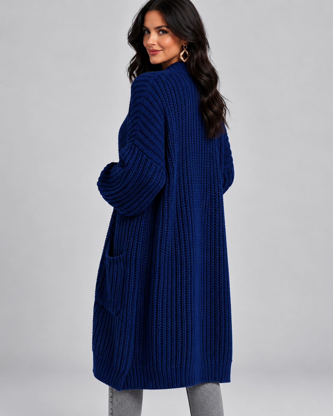 Women's Cardigan – Chunky Knit, Longline, Open Front, Drop Shoulders