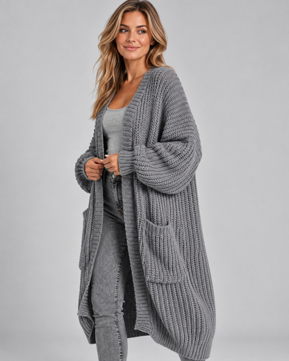 Women's Cardigan – Chunky Knit, Longline, Open Front, Drop Shoulders