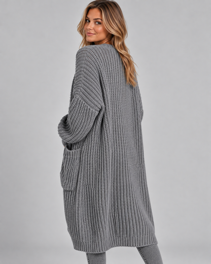 Women's Cardigan – Chunky Knit, Longline, Open Front, Drop Shoulders