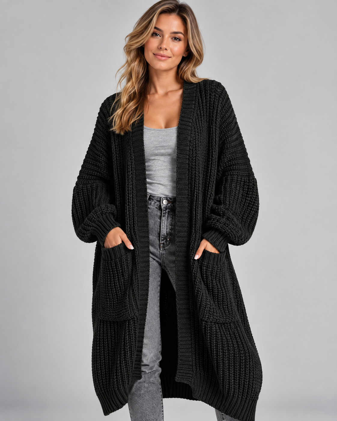 Women's Cardigan – Chunky Knit, Longline, Open Front, Drop Shoulders