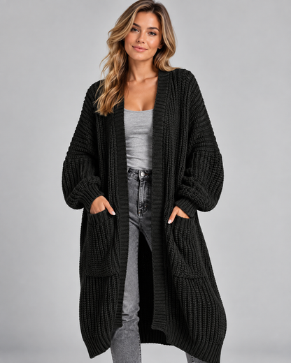 Women's Cardigan – Chunky Knit, Longline, Open Front, Drop Shoulders