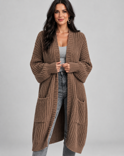 Women's Cardigan – Chunky Knit, Longline, Open Front, Drop Shoulders