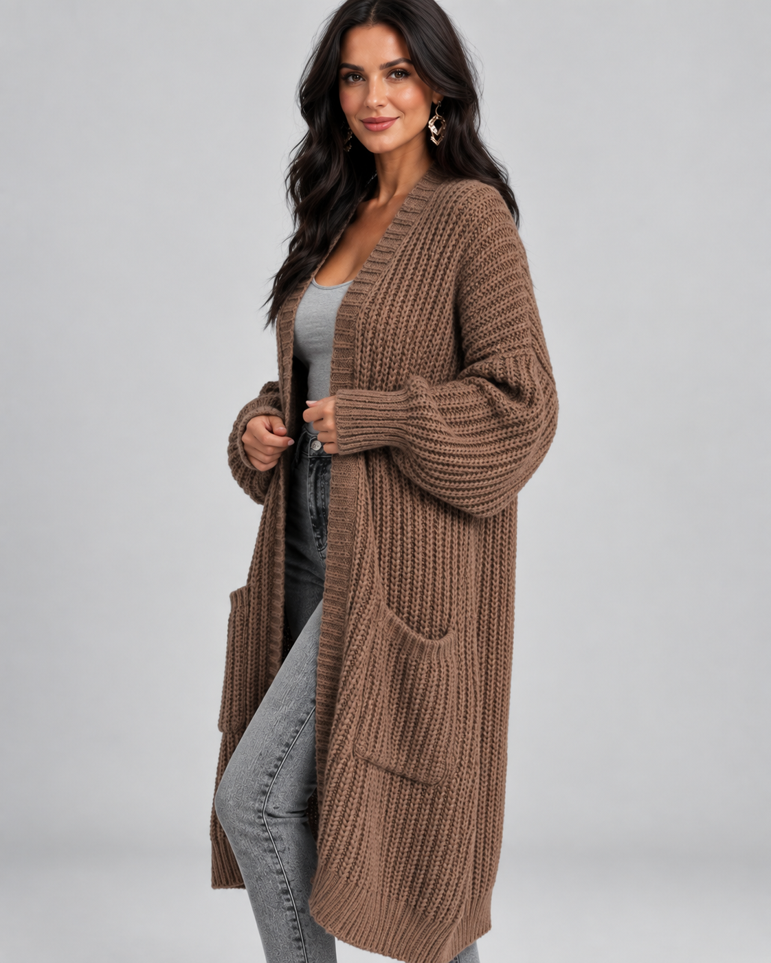 Women's Cardigan – Chunky Knit, Longline, Open Front, Drop Shoulders