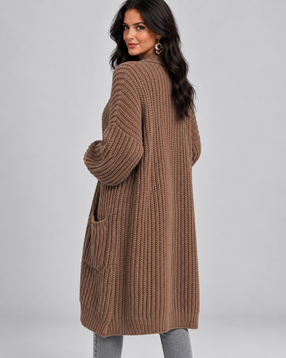Women's Cardigan – Chunky Knit, Longline, Open Front, Drop Shoulders