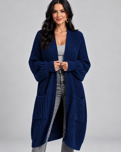 Women's Cardigan – Chunky Knit, Longline, Open Front, Drop Shoulders