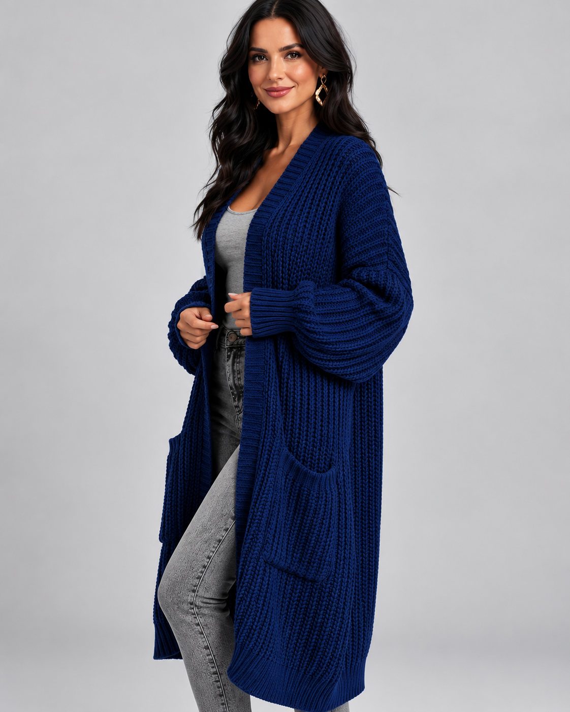 Women's Cardigan – Chunky Knit, Longline, Open Front, Drop Shoulders