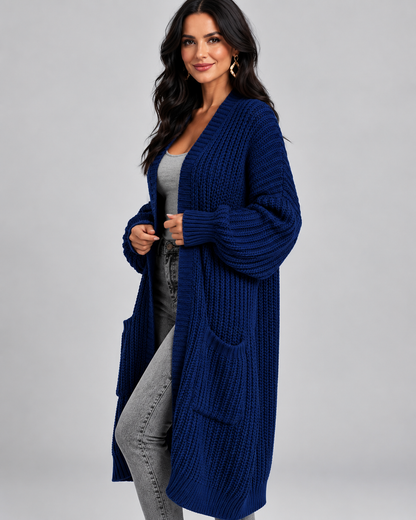 Women's Cardigan – Chunky Knit, Longline, Open Front, Drop Shoulders