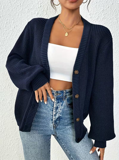 Women's Chunky Knit Cardigan – V-Neck, Button-Front