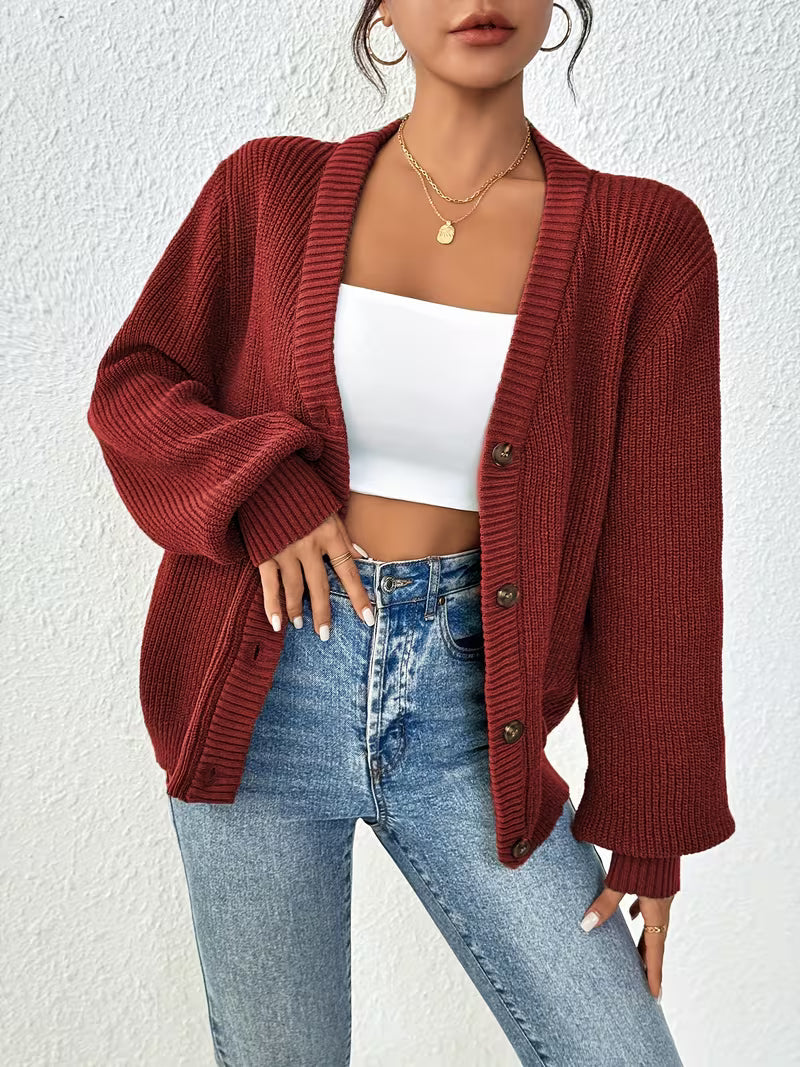 Women's Chunky Knit Cardigan – V-Neck, Button-Front
