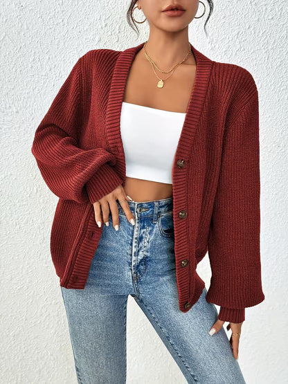 Women's Chunky Knit Cardigan – V-Neck, Button-Front