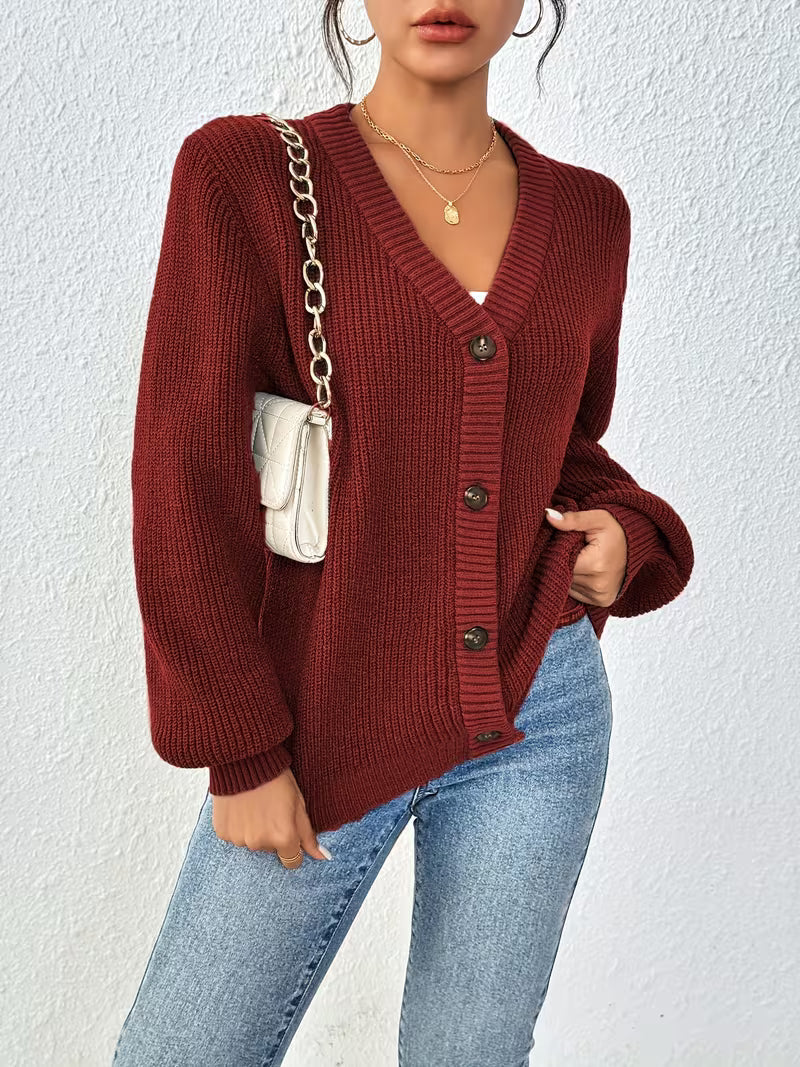 Women's Chunky Knit Cardigan – V-Neck, Button-Front