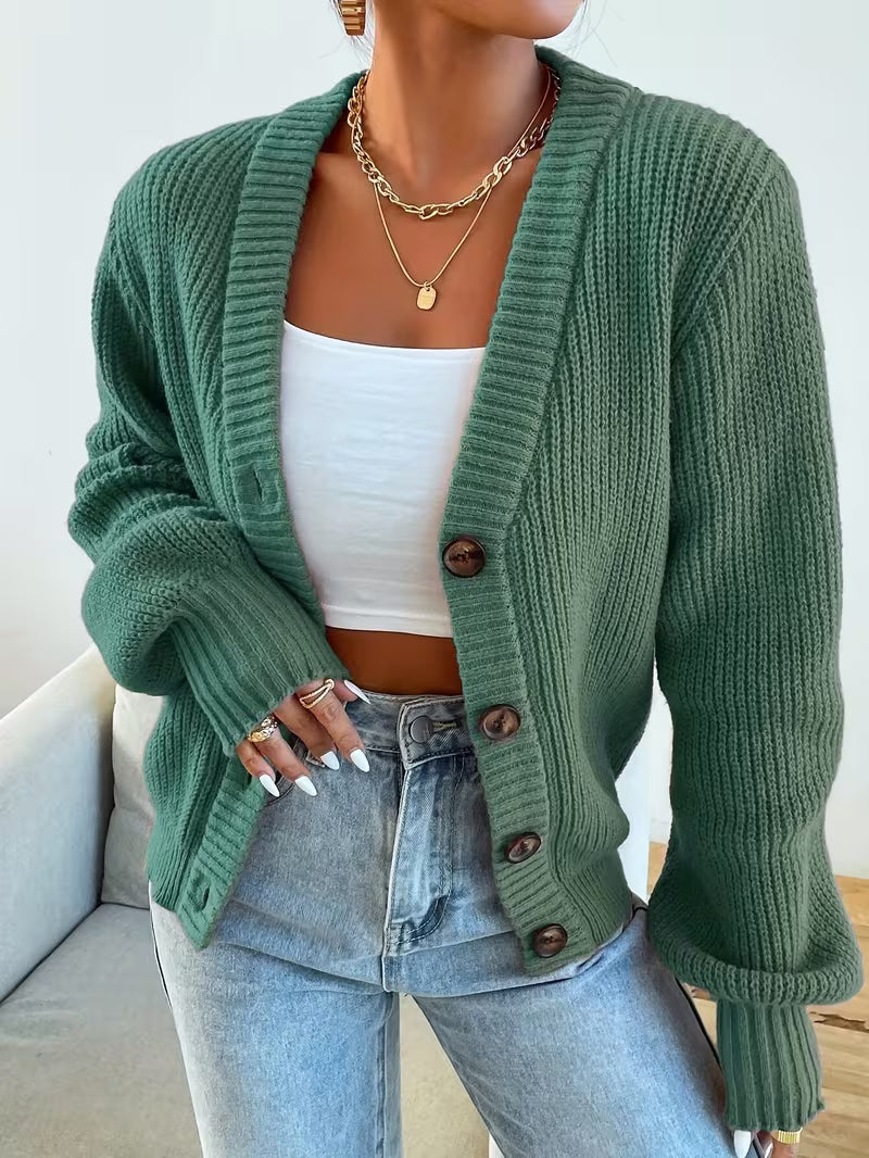 Women's Chunky Knit Cardigan – V-Neck, Button-Front
