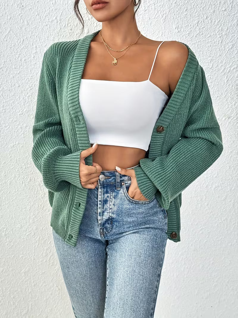 Women's Chunky Knit Cardigan – V-Neck, Button-Front