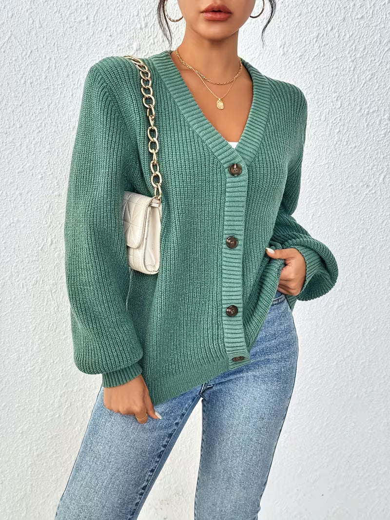 Women's Chunky Knit Cardigan – V-Neck, Button-Front